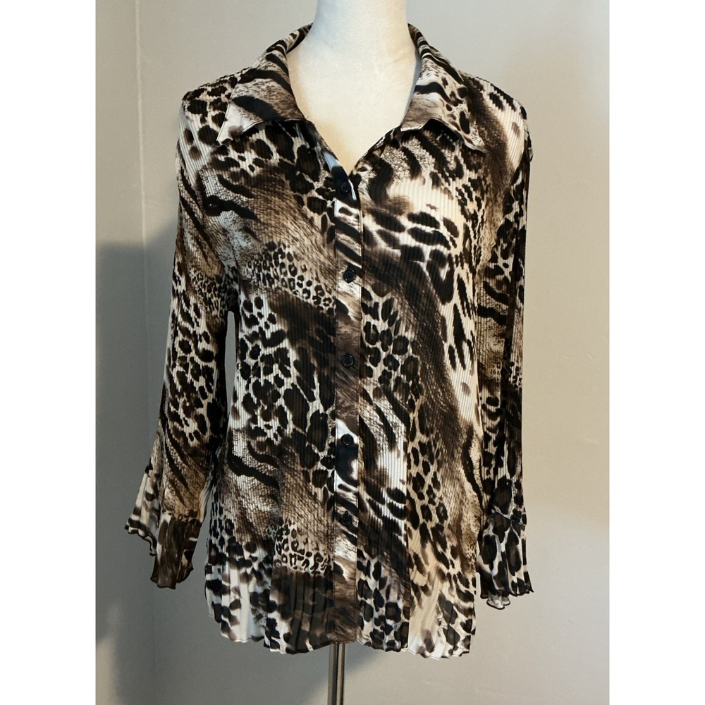 Sere Nade Womens Brown Beige Animal Print 3/4 Sleeve Pleated Button Down‎ Top XL
